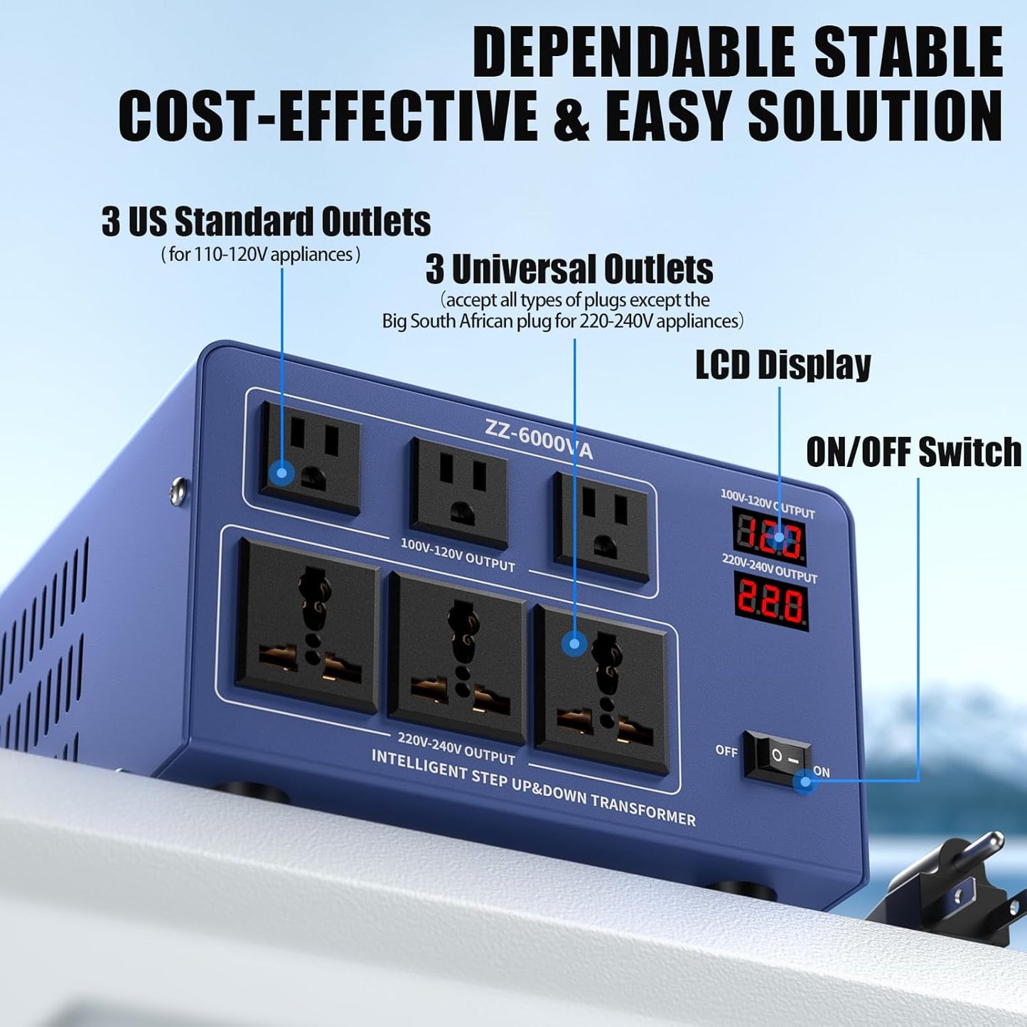 6000W Voltage Converter Auto Transformer,110/120/220/240V Heavy Duty Step Up/Down Power Converter Transformer with 3 US Outlets,3 Universal Outlets, LCD Display,Resettable Circuit Breaker Protection