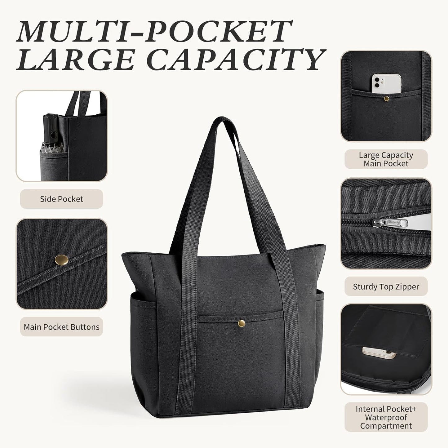 MeZQ Zippered Canvas Utility & Travel Tote Bag for Women - Multi-Pocket Compartments | car bag hooks,makeup bag,car hooks