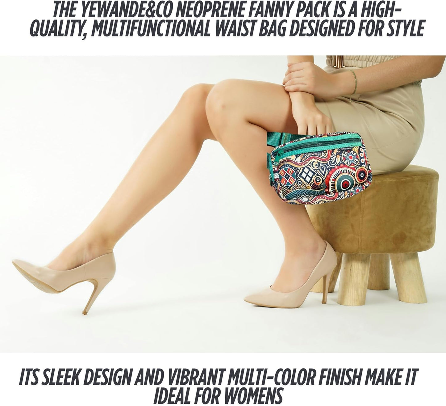Yewande&co Neoprene Fanny Pack Belt Bag – Lightweight Waterproof Waist Bag with Adjustable Strap, 3 Zippered Pockets, Crossbody Belt Bag for Travel, African Design Crossbody Bags (Circus)