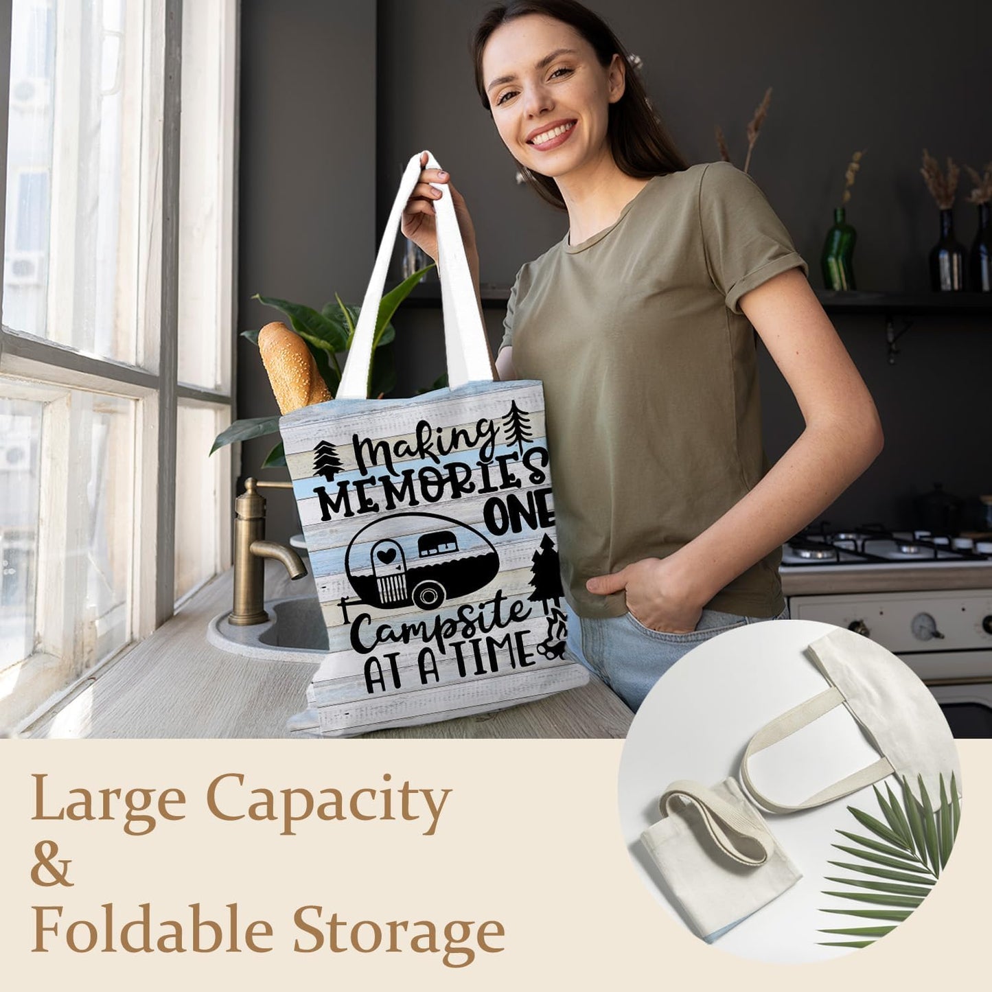 Camping Tote Bag, Making Memories One Campsite at a Time Canvas Tote Bags for Women, Gifts for Campers Camping Lovers, Camper Reusable Grocery Shopping Bags