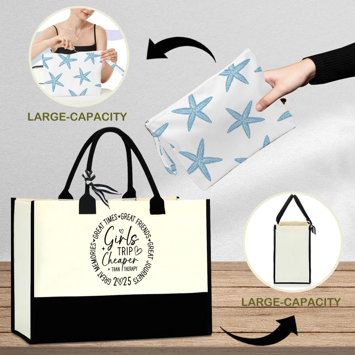 Fokongna Girls Trip 2025 For Women Friend Sister Travel Gifts Canvas Tote Bag Wet Bag for swimsuit Beach Bags Gifts