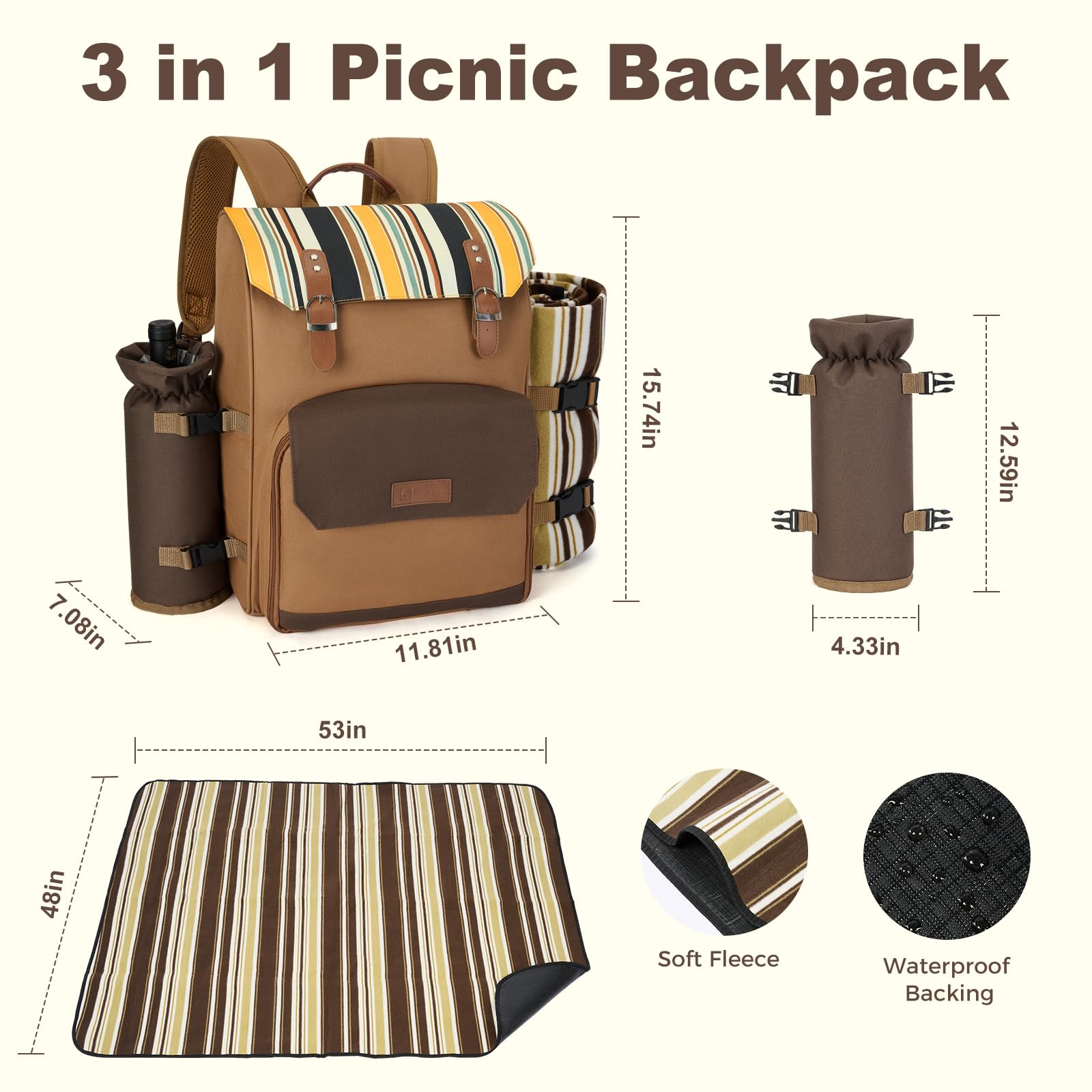 Picnic Backpack, 2-Person Set with Blanket and Wine Holder, Gray(Caramel Brown)
