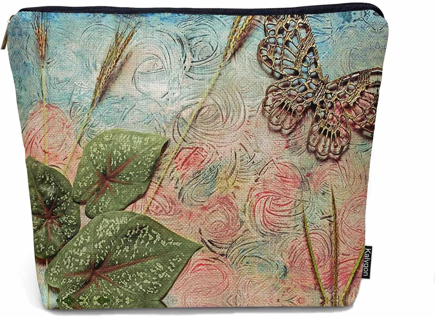 Women Cosmetic Bag Butterfly, Pond Green Leaves Floral Butterflies Cute Makeup Bag For Purse Cosmetic Travel Bag For Toiletries Makeup Storage Bag Flax Skincare Bag Make Up Pouch Bags