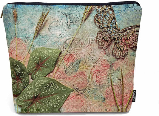 Women Cosmetic Bag Butterfly, Pond Green Leaves Floral Butterflies Cute Makeup Bag For Purse Cosmetic Travel Bag For Toiletries Makeup Storage Bag Flax Skincare Bag Make Up Pouch Bags