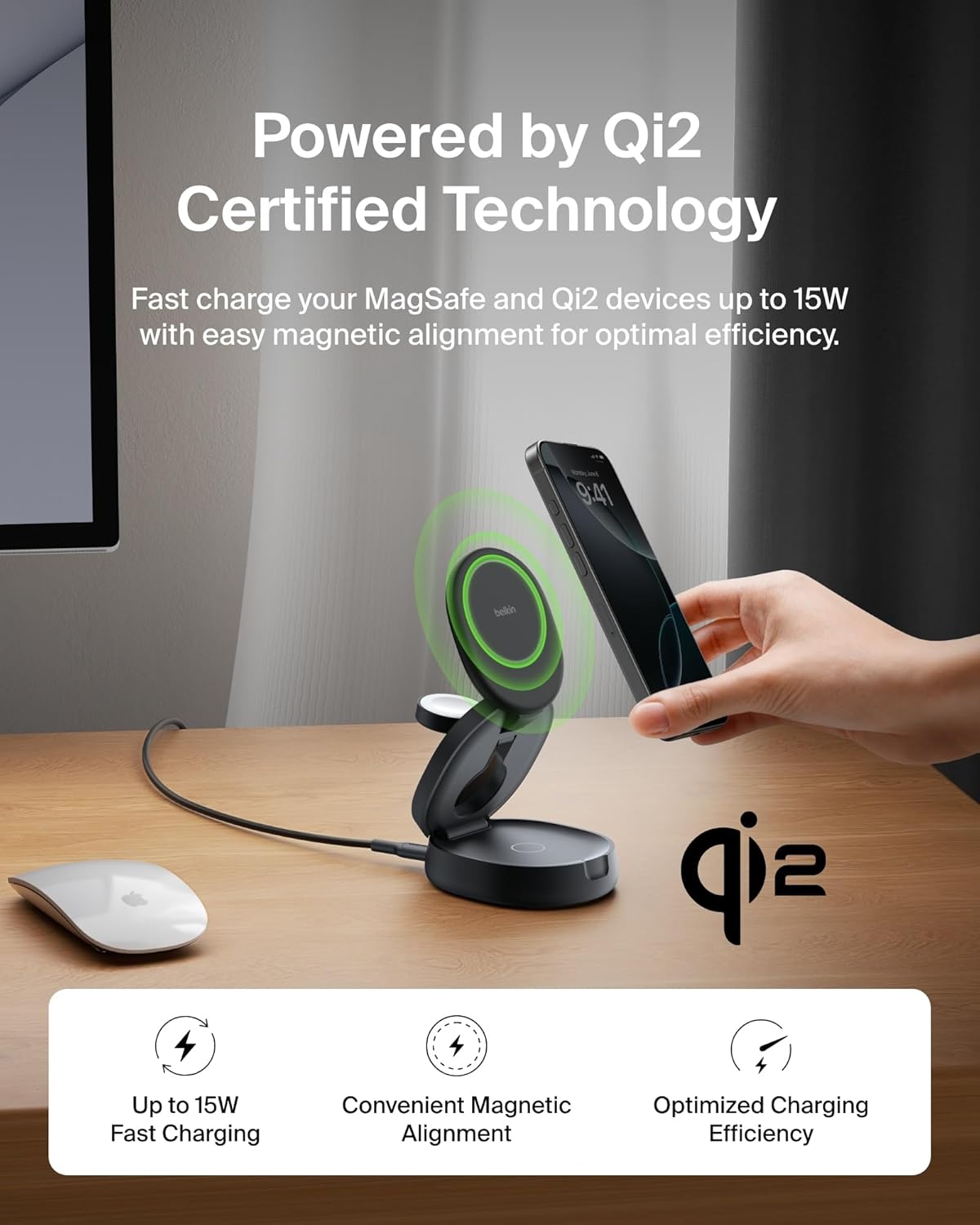 Belkin MagSafe Charger Compatible, 3-in-1 Qi2 15W Wireless Charging Station, Convertible Wireless Charger for iPhone 17, Apple Watch, AirPods, Pixel 10, Phone Stand for Travel w/ 36W Adapter - Black