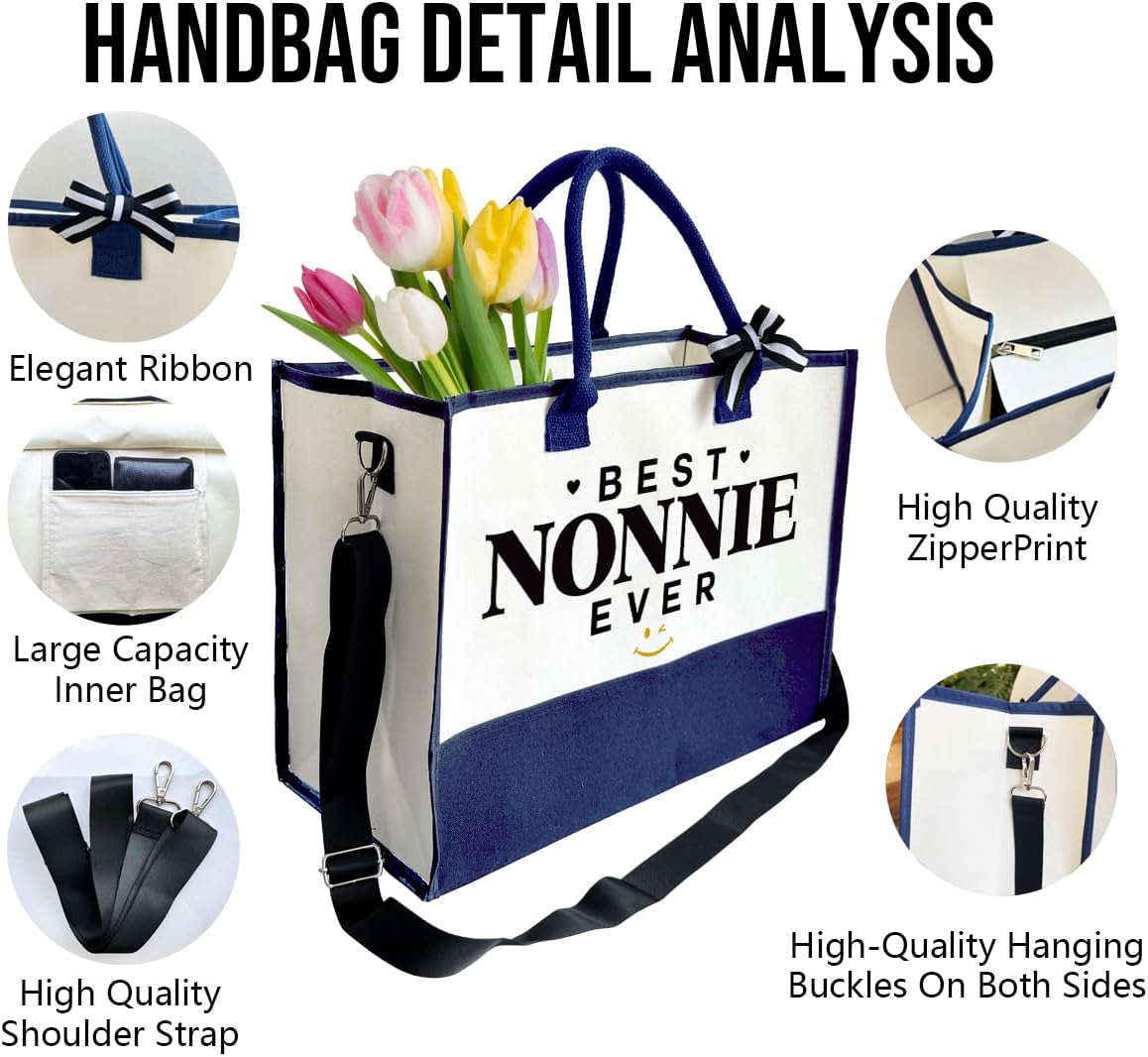 Best Nonnie Ever Tote Bag Gifts, Canvas Tote Bag for Women, Nonnie Gifts, Beach Bag and Makeup bag, Travel Bag Gifts for Nonnie, Canvas Tote Bag With Zipper, Mothers Day Christmas Gifts A11
