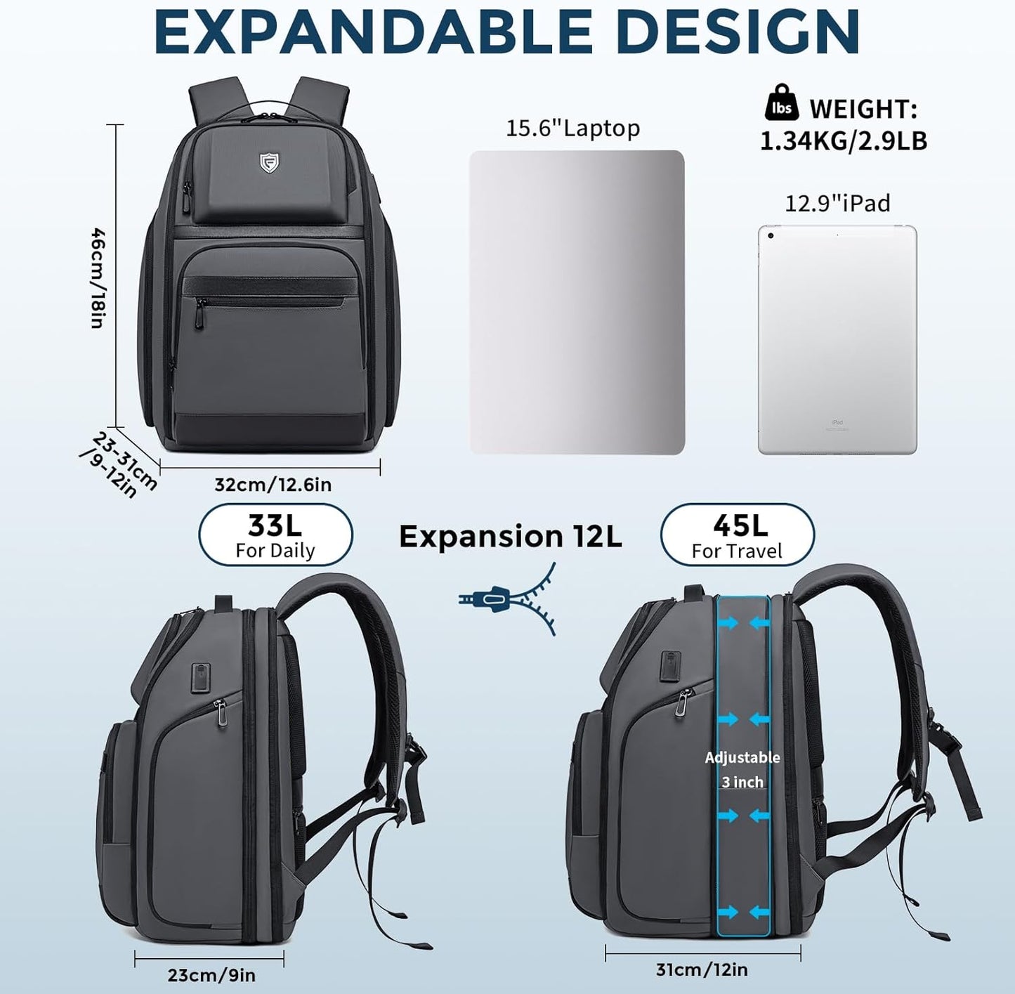 Grey Business Backpack for Men, Fits 17 Inch Laptop Water Resistant 45L Travel Bag with USB Charging Port, Expandable Men's Backpack for Work/College/Commuter