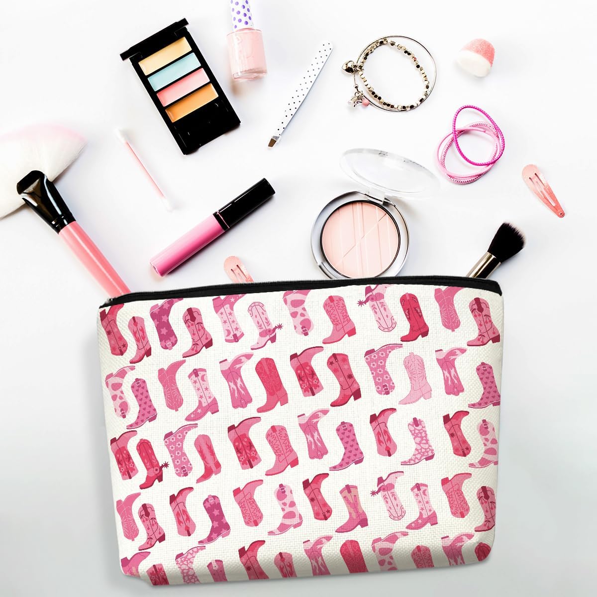 4PCS Secret Santa Gifts, Western Makeup Bag Pink Cowgirl Boots Cosmetic Bags for Women, Cowgirls Gifts for Women Girls Sisters Lady Boss Friends, Western Stuff Toiletry Zipper Pouch Cowboy Boots Gifts