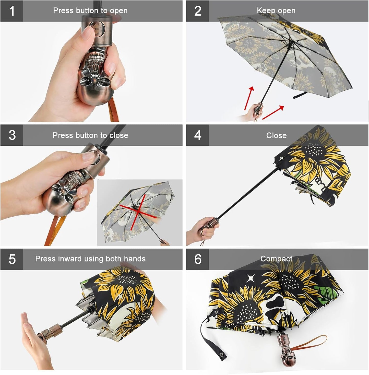 Lejorain Mens Black Skull Umbrella - Automatic Luxury Travel Windproof Umbrella Compact - Portable Strong Lightweight Rain Umbrella for Adults