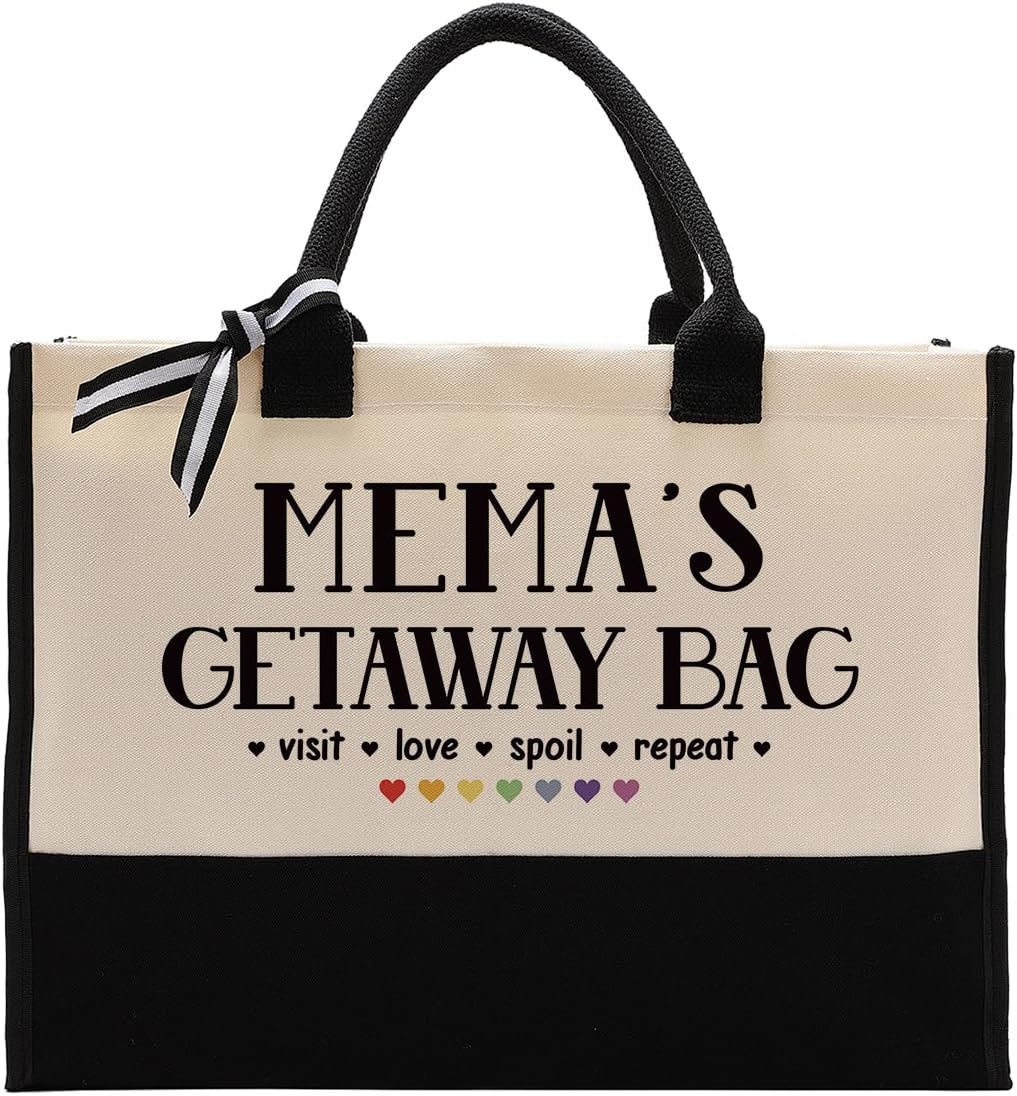 Canvas Bag Gift for Mema, Mema Gift, Mema's Getaway Bag, Cotton Canvas Tote Bag, Shoulder Beach Bag, Reusable Shopping Bag, Women Canvas Bag Gift for Mema, Birthday Mother's Day Gift for Mom Grandma