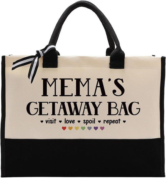 Canvas Bag Gift for Mema, Mema Gift, Mema's Getaway Bag, Cotton Canvas Tote Bag, Shoulder Beach Bag, Reusable Shopping Bag, Women Canvas Bag Gift for Mema, Birthday Mother's Day Gift for Mom Grandma