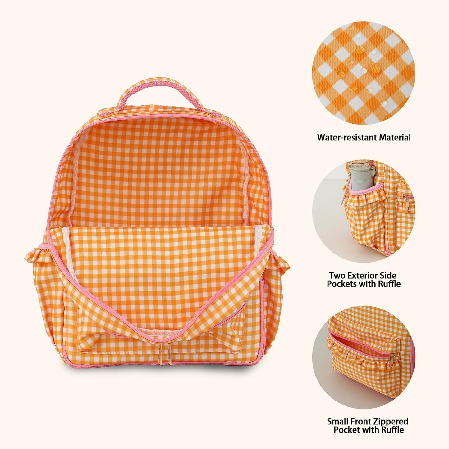 DYSHAYEN Kids Backpack for Girls, 15" Ruffled Backpack for School Kindergarten Bookbag 5-8, Fully Opened Compartment (Orange Gingham)