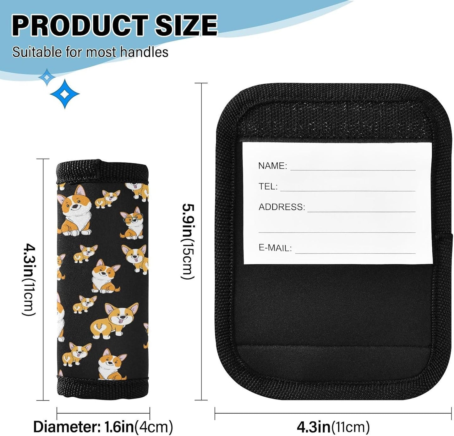 Cute Corgi 2 Pack Luggage Handle Wrap for Suitcase Luggage Identifier Travel Tags Handle Protection Sleeve Cover