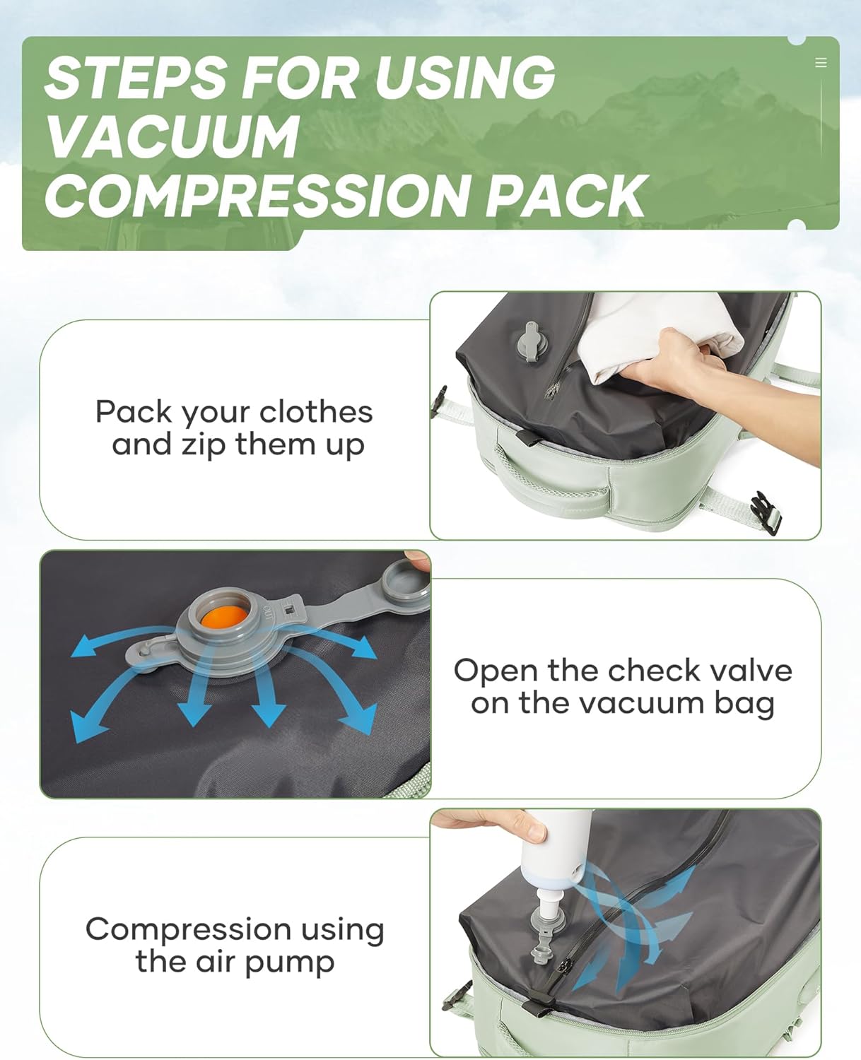 Vacuum Travel Backpack with Electric Vacpack Pump for Women, 40L Expandable Vacuum Compression Bags Personal Item Backpacks Flight Approved Traveling Carry on Suitcase Luggage, Light Green