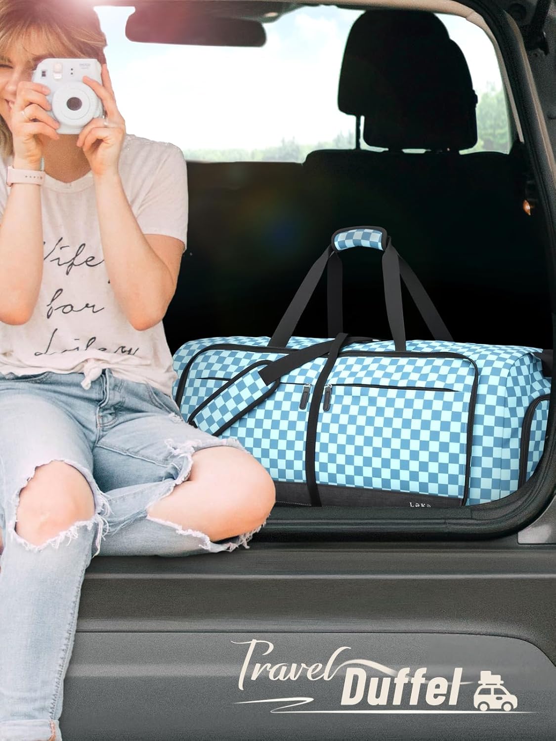 Lekesky Foldable Travel Duffle Bag for Women, Large Duffel Bag with Separate Shoes Compartments & Straps, Carry On Weekend Bag for Women, Hospital, Overnight (Green Gingham, 80L)