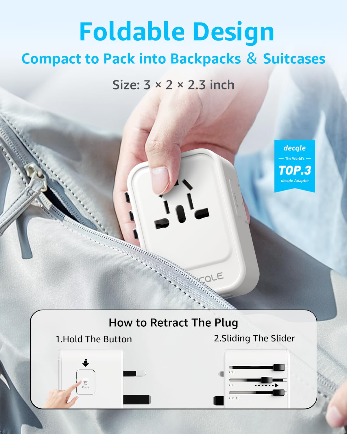 decqle Universal Travel Adapter, 2 USB-C ＆ 1 USB-A, Cover 200+ Countries