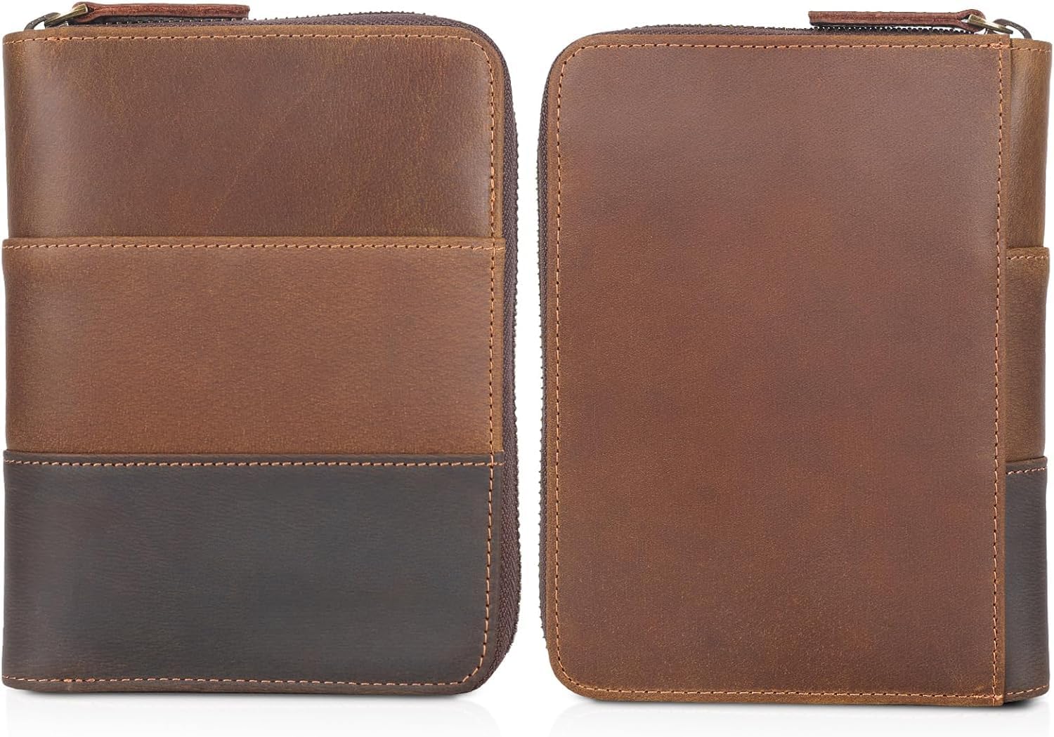 Retro Passport Cover Genuine Leather Unisex Travel Zipper Wallet RFID Blocking (Cocoa Brown)