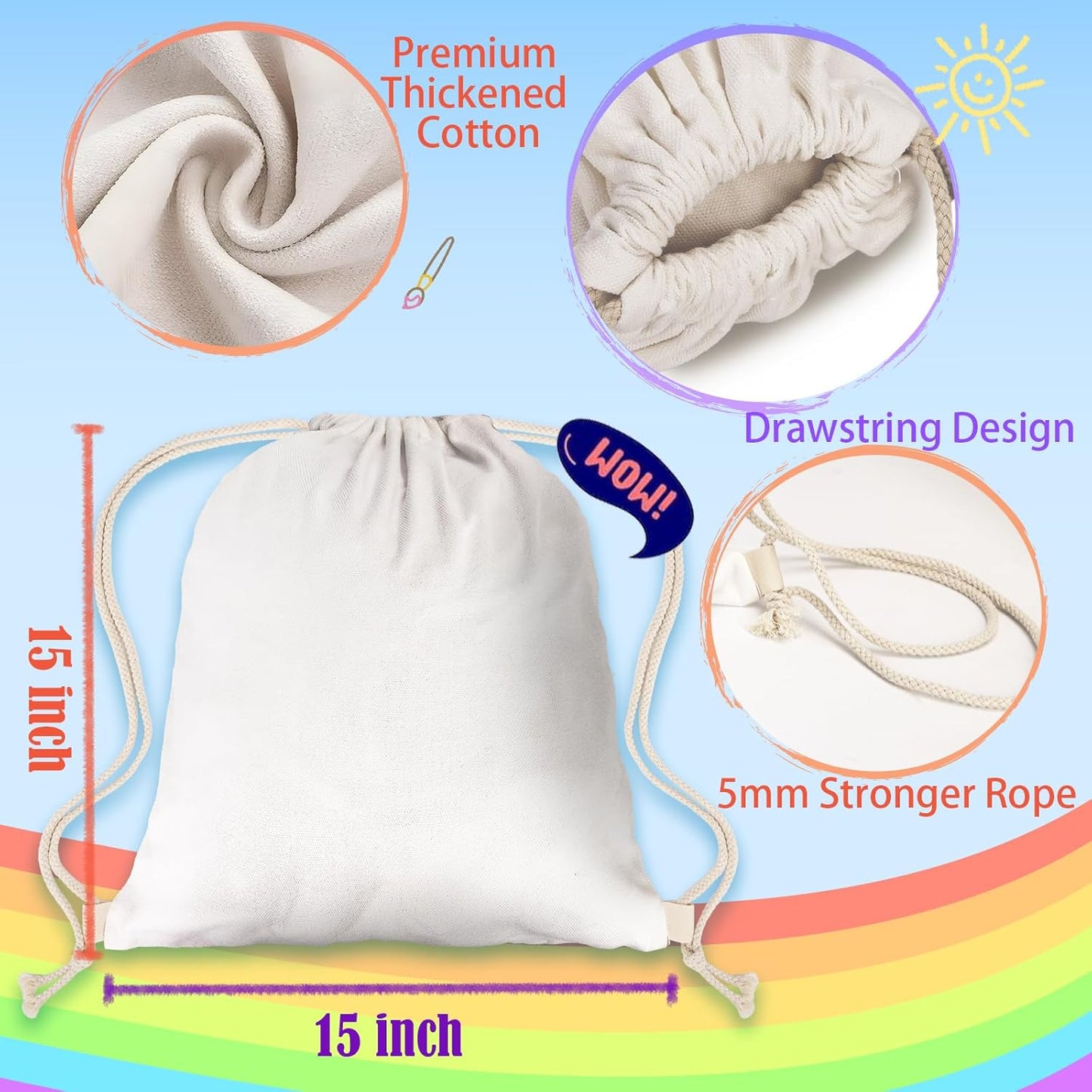Drawstring Bags 24pcs White Thickened Fabric White Cotton Canvas DIY for Tie Dye Bulk