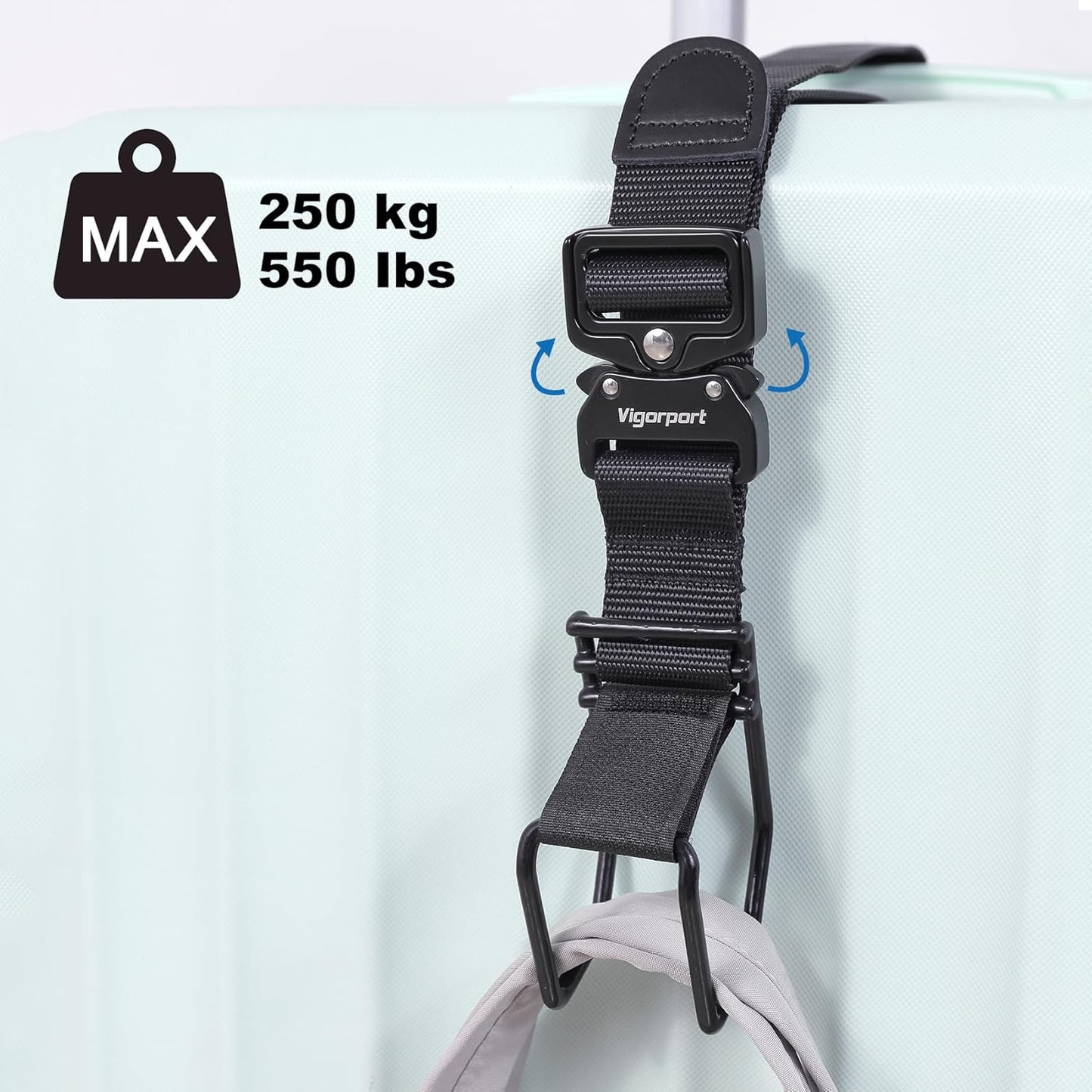Vigorport Luggage Hook Strap, J Hook for Add a Bag Luggage, Multi Adjustment Bag Strap Hook with Hands Free(Medium Size/Metal Buckle)