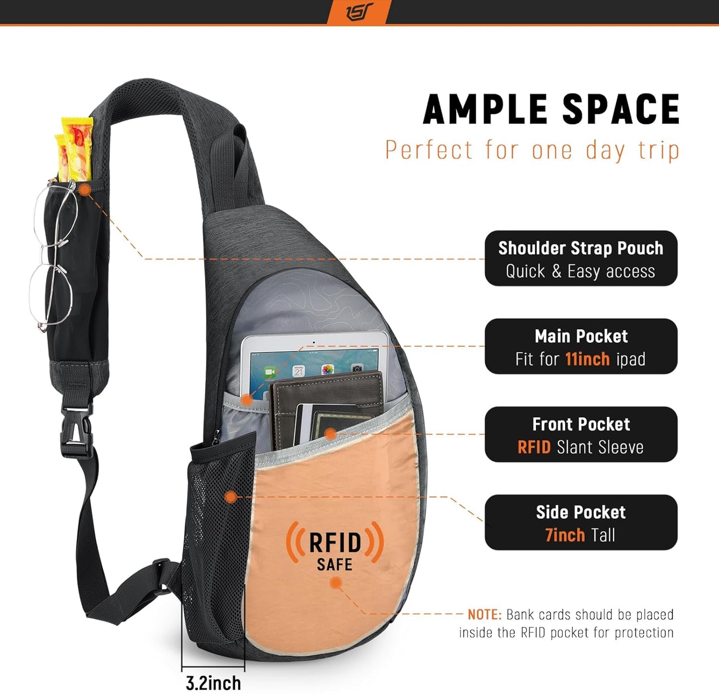 SKYSPER Sling Bag RFID Crossbody Sling Backpack Cross Body Shoulder Travel Bag Hiking Daypack for Women Men(Black)