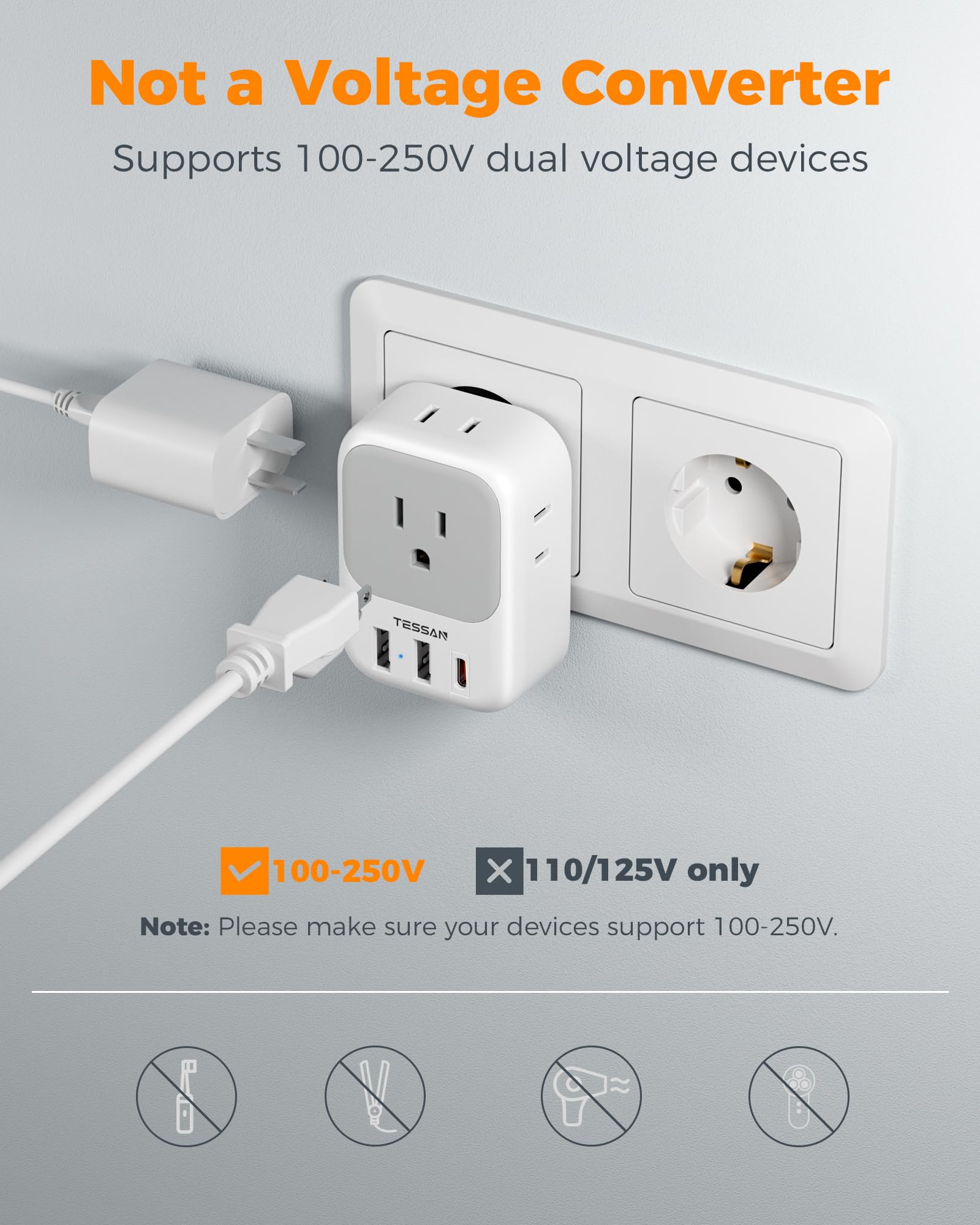 TESSAN European Travel Plug Adapter 3 Pack, US to Europe Plug Adapter