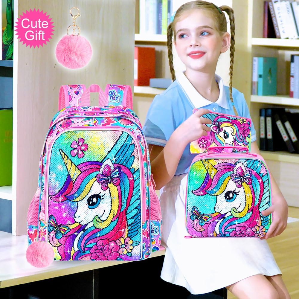 3PCS Unicorn Backpack for Girls, 16" Kids Bookbag with Lunch Box，Sequins School Bags for Elementary Preschool Kindergarten (Pink)