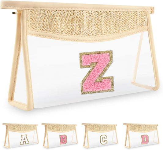 Small Boho Straw Initial Letter Makeup Bag Personalized Gift ,Cute Clear Chenille Patch Makeup Bag With Zipper,Trendy TSA Approved Travel Toiletry Bag,Gift for Women Girls Birthday Friend, Letter Z