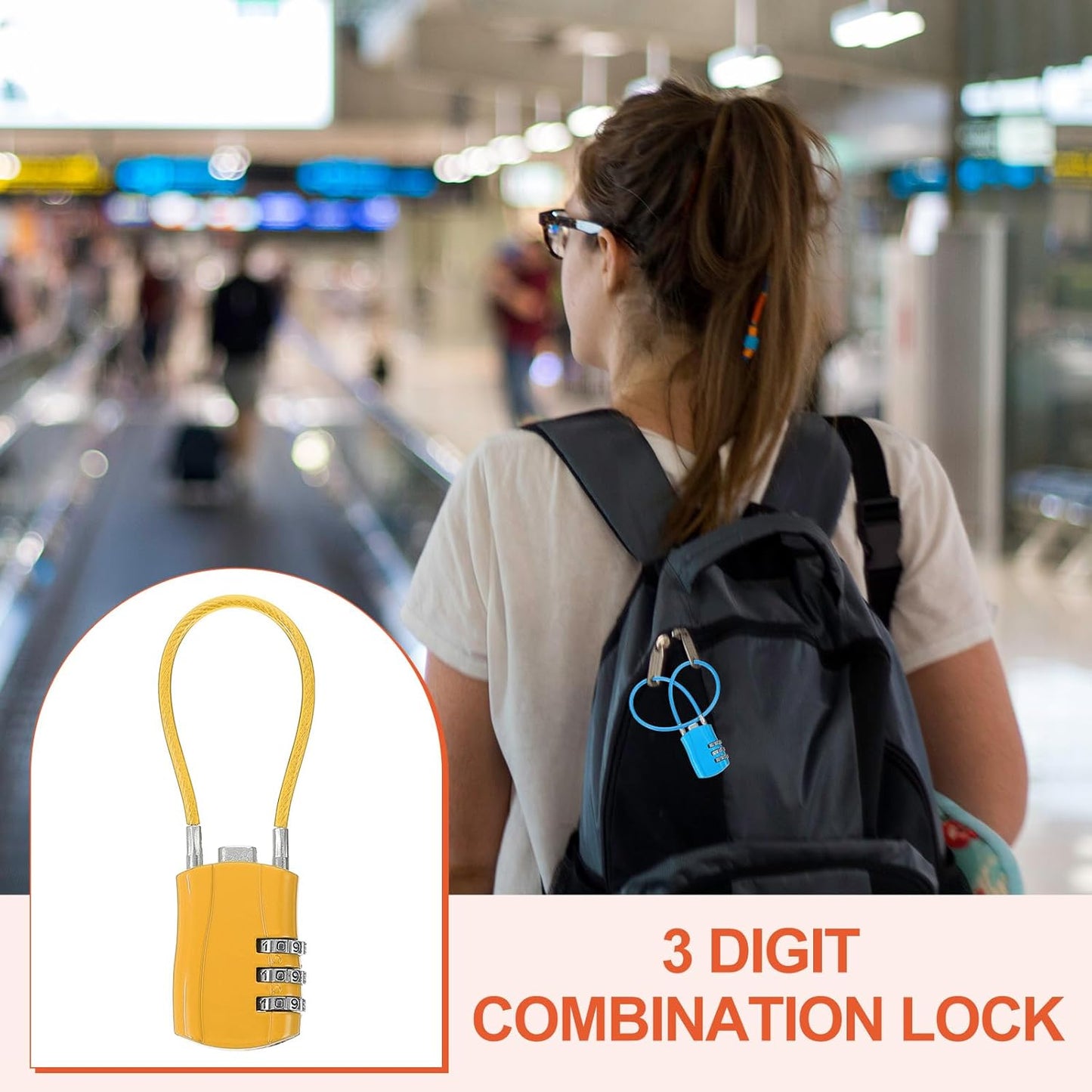 MECCANIXITY 2 Pcs Luggage Travel Lock, 3 Digit Cable Combination Lock 1-3/16" Width Body with 5" Long Cable for Suitcase Bag Cabinets Small Fences Gym, Yellow