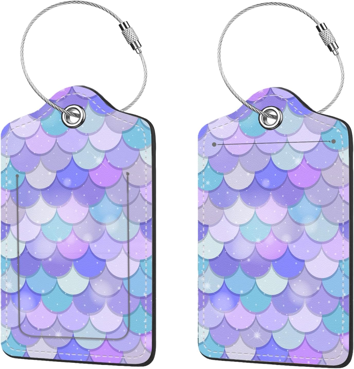 2 Pcs Luggage Tags for Suitcase, Cute Unique PU Leather Travel Bag Tag with Privacy Cover ID Label Address Card and Durable Metal Ring Suitable for Men Women Children Backpack, Fish Scales