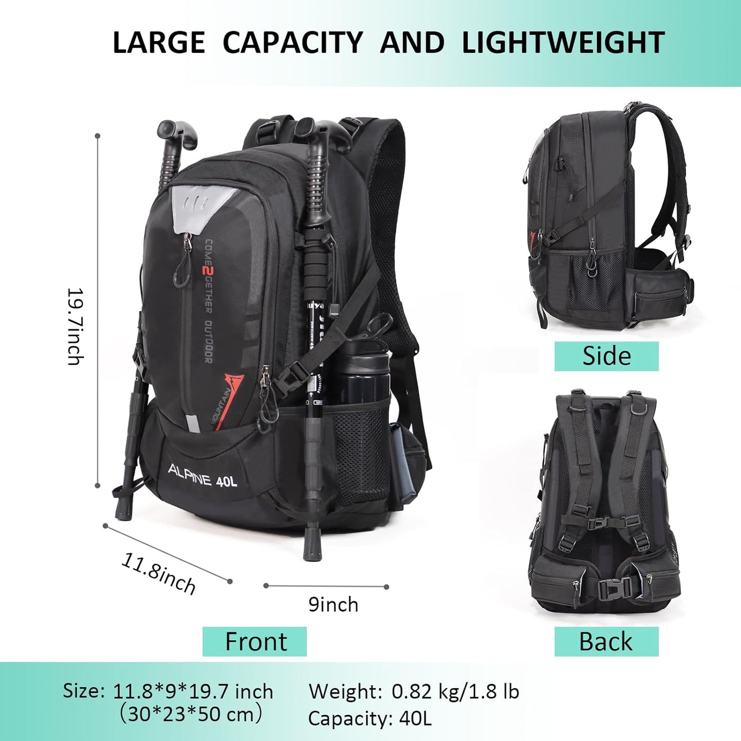 Hiking Backpack Camping 40L Outdoor Daypack Lightweight Travel Backpack with Rain Cover for Women Men (Black)