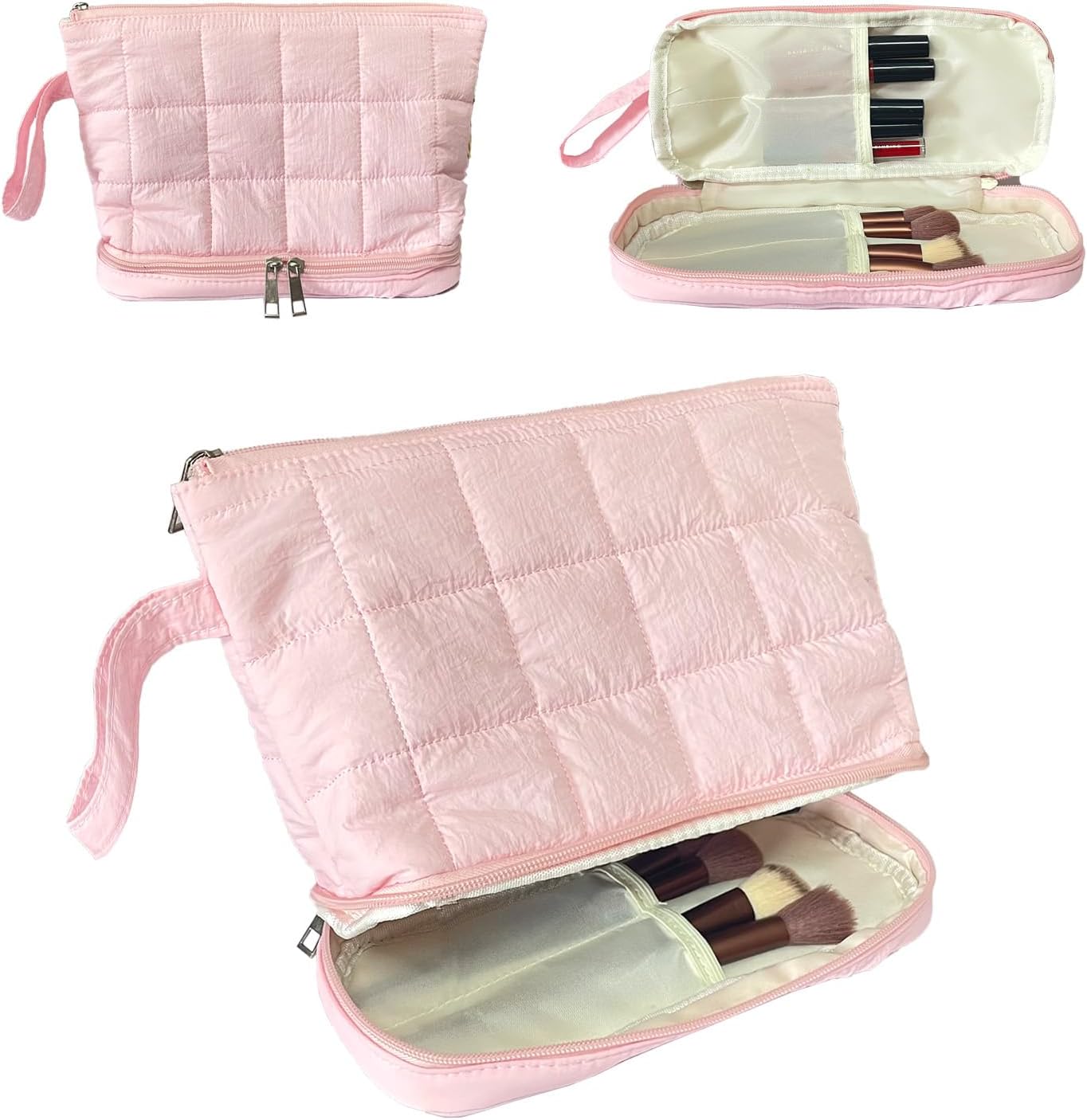 Pink Puffy Puffer Makeup Bag for Purse Small Makeup Pouch Quilted Cosmetic Bag Cute Cotton Toiletry Pouch Bag for Women