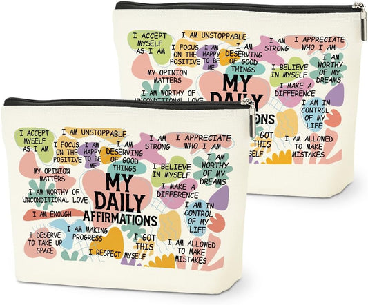 2PCS Positive Makeup Bag, Daily Affirmations for Women Encouragement Inspirational Mental Health Gifts for Female Sister Friend Coworker Birthday Friendship Christmas Travel Toiletry Cosmetic Bag
