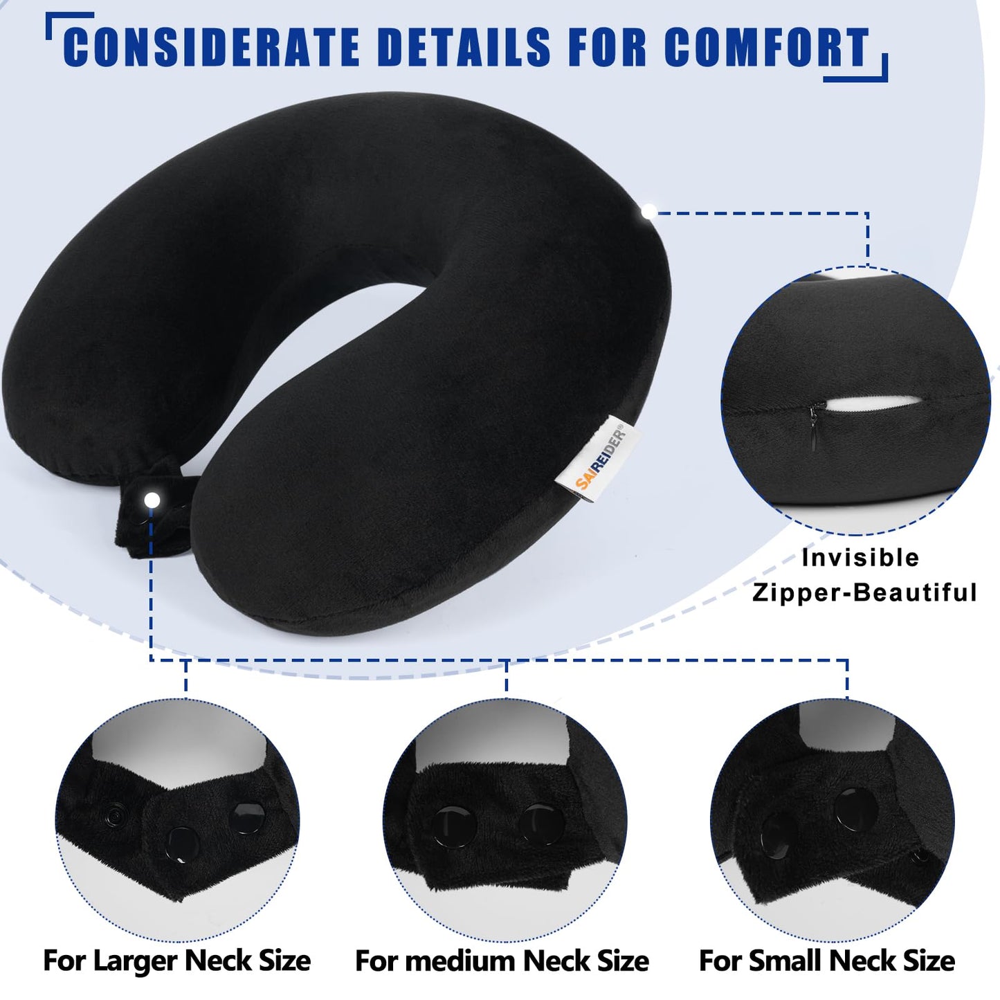 SAIREIDER Travel Pillow 100% Pure Memory Foam Travel Neck Pillow, Airplane Pillow for