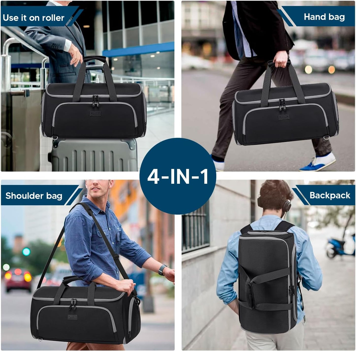 Convertible Garment Bags for Travel, 4 in 1 Duffle Bag for Travel 58L Capacity Carry on Garment Bag with Shoes Compartment Travel Garment Bag with Shoulder Straps Suit Bag for Men Women,Black