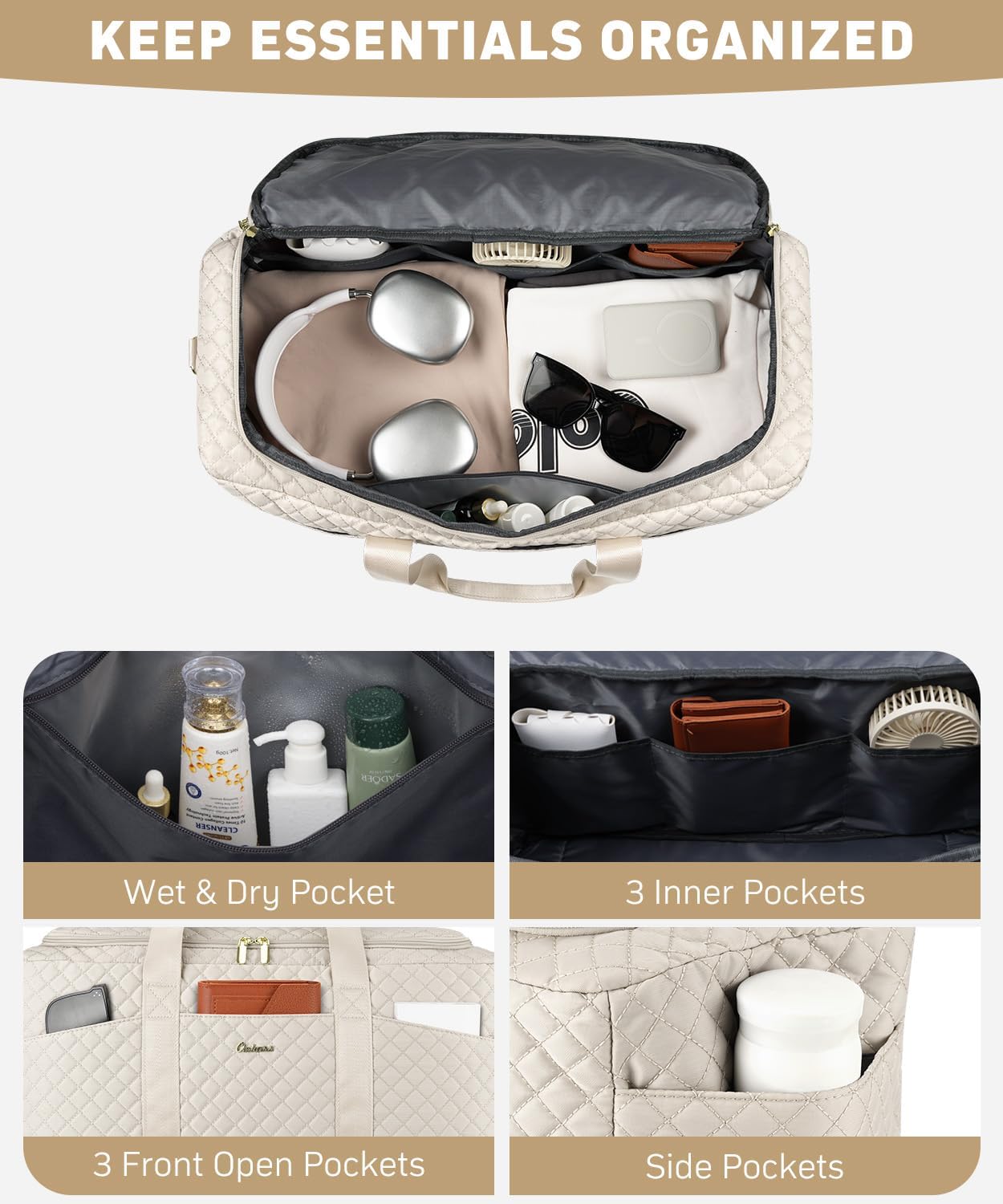 Duffle Bag for Travel, Weekender Bag with Shoe Compartment, Carry On Overnight Bag for Women with Toiletry Bag Duffel Bags with Wet Pocket for Gym Hospital Bags for Labor and Delivery Beige