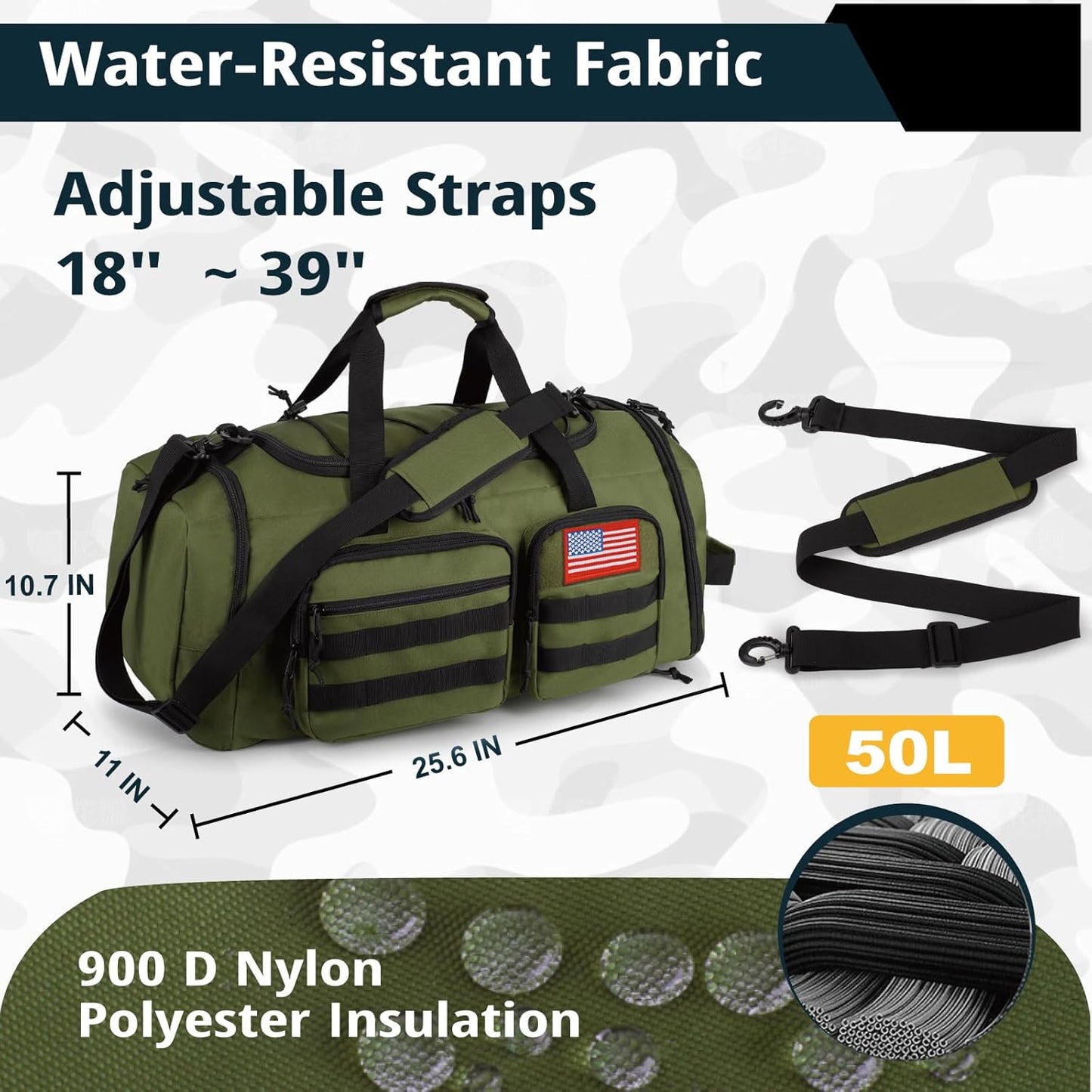 Tactical Gym Bag for Men，50L Large 3 in 1 Sports Duffle Bag with Shoes Compartment for Travel,Water