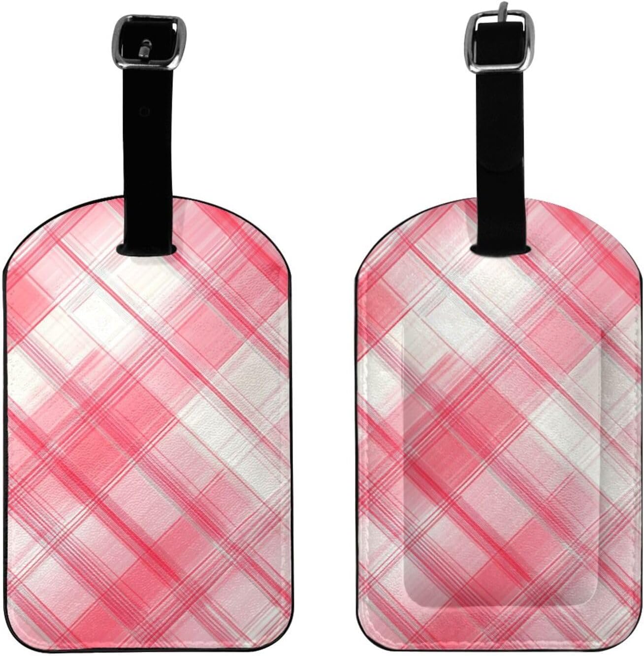 Pink White Plaid Luggage Tag Leather Suitcase Tags Cute Luggage Identifiers for Suitcases Privacy Cover Travel Name Tag for Kids Adult