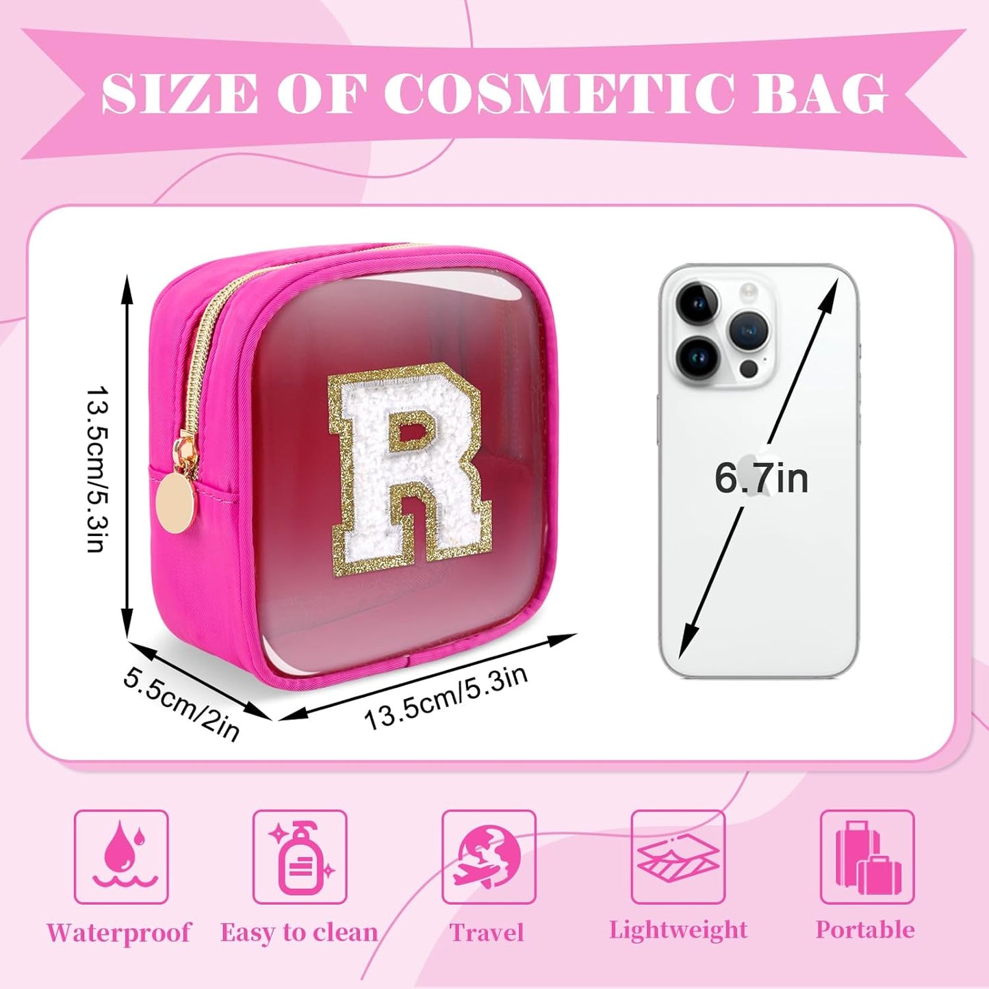 Personalized Initial Letter Clear Preppy Makeup Bag,Mini Nylon Chenille Letter Cosmetic Bag Cute Zipper Pouch Coin Purse for Teen Girls,Portable TSA Approved Travel Essentials Bag Gift for Women,R