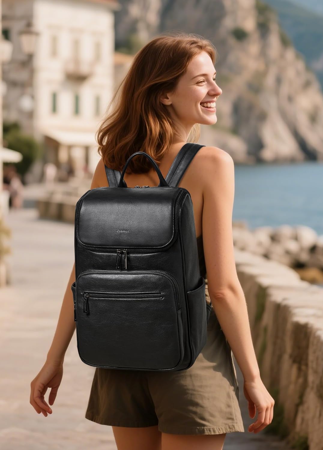 Computer Leather Backpack for Women Travel Back pack with 15.6 inch Laptop Compartment, Vintage Ladies Backpack, Black