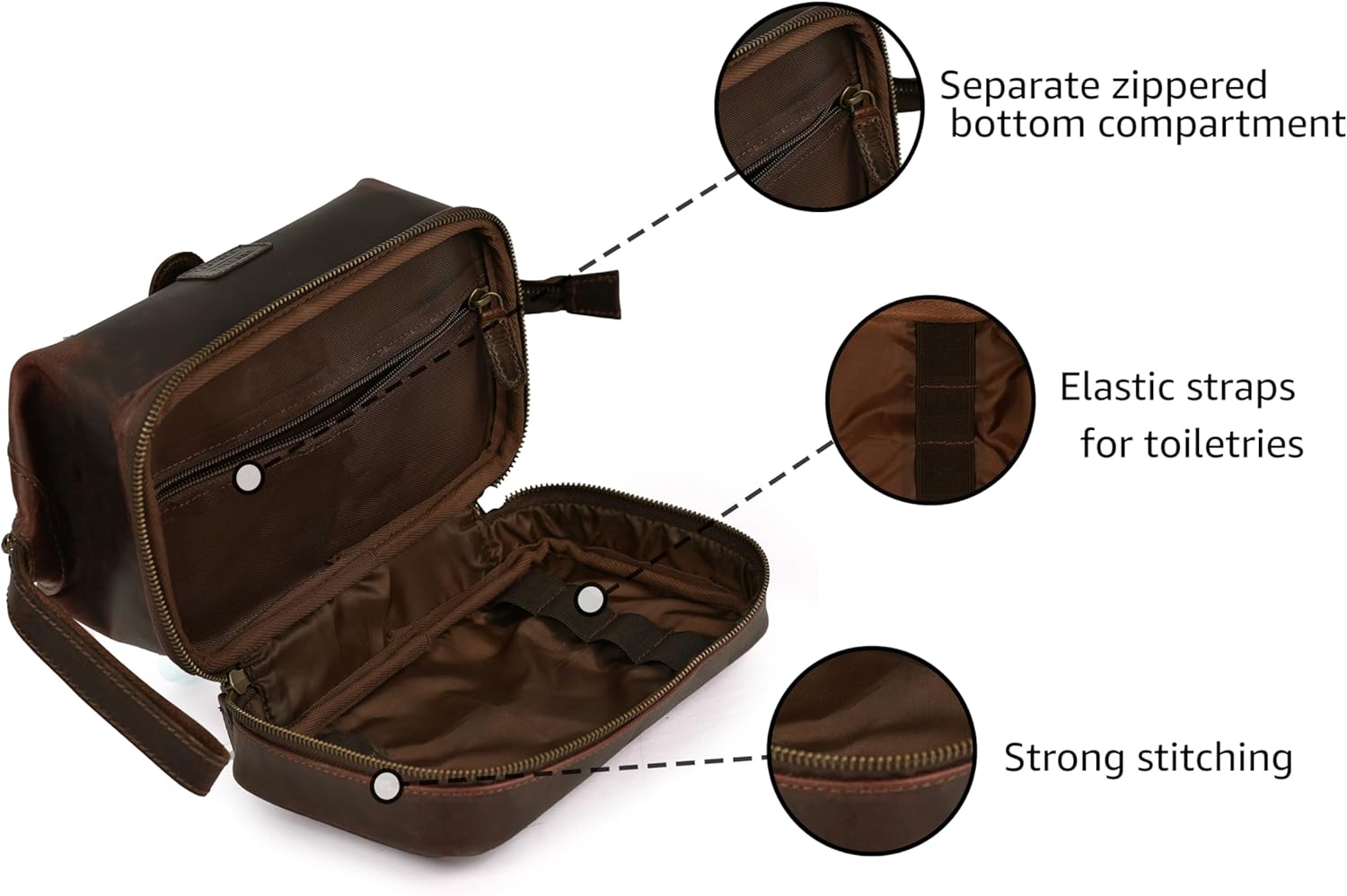 LEATHER VILLAGE Genuine Leather Dopp Kit – Large Travel Toiletry Bag with Waterproof Lining