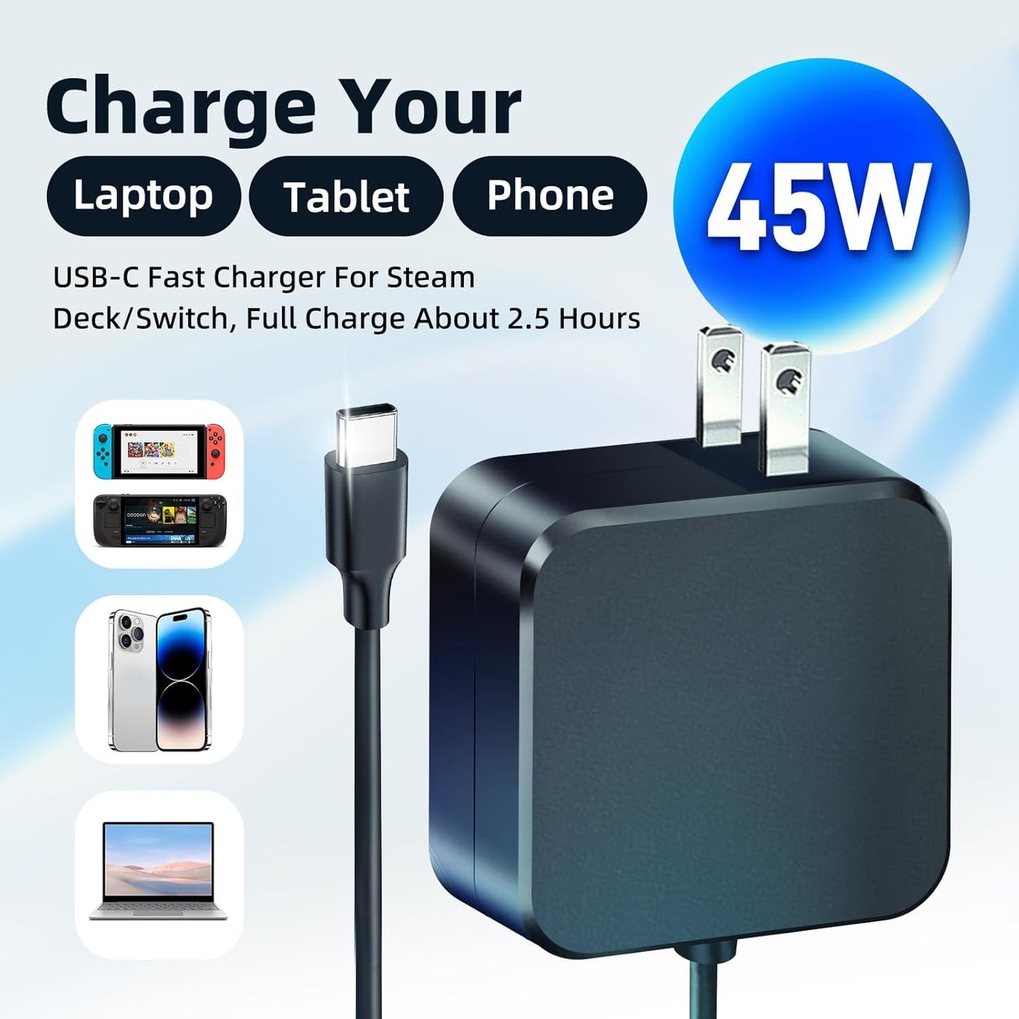 45W USB C Charger for Steam Deck,AC Power Adapter Compatible with Nintendo Switch/Lite/OLED/Switch Dock，iPhone Air/17/16/15,Samsung，Asus Chromebook，PD 3.0 Fast Charging with 5.9FT Type C Cable