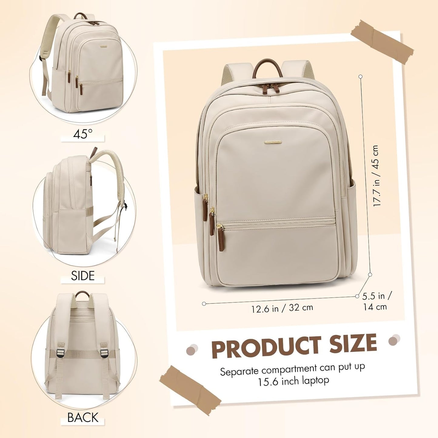 GOLF SUPAGS Backpack for Women Work College Travel Laptop Backpacks Multi-Functional Casual Daypack Teacher Nurse Everyday Bags Fits 15.6 Inch Notebook (Apricot)