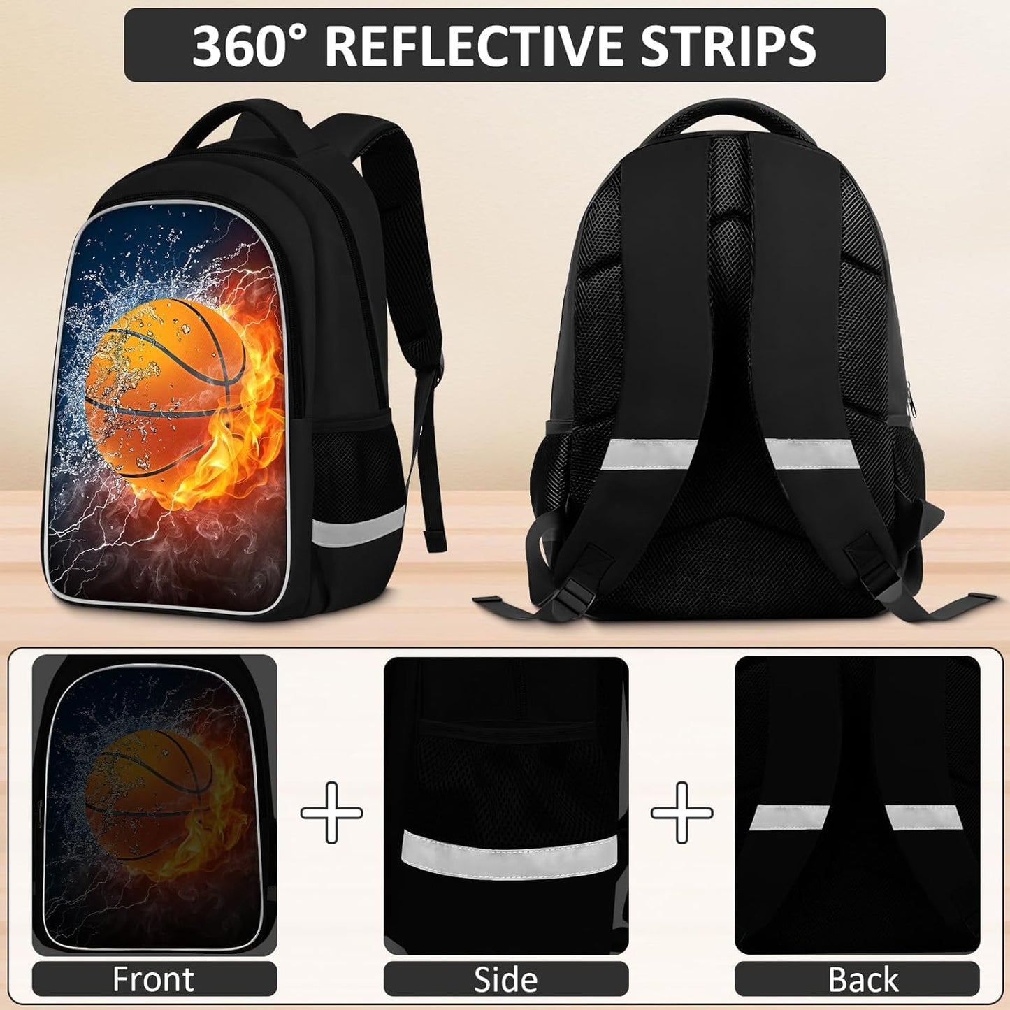 School Backpack for Boys - 4pcs Basketball Boys Backpack with Lunch Box and Pencil Case for Kids Children Teens Elementary Middle School - Students Bag for Ages 6-18,17″Bookbag Travel Back Pack
