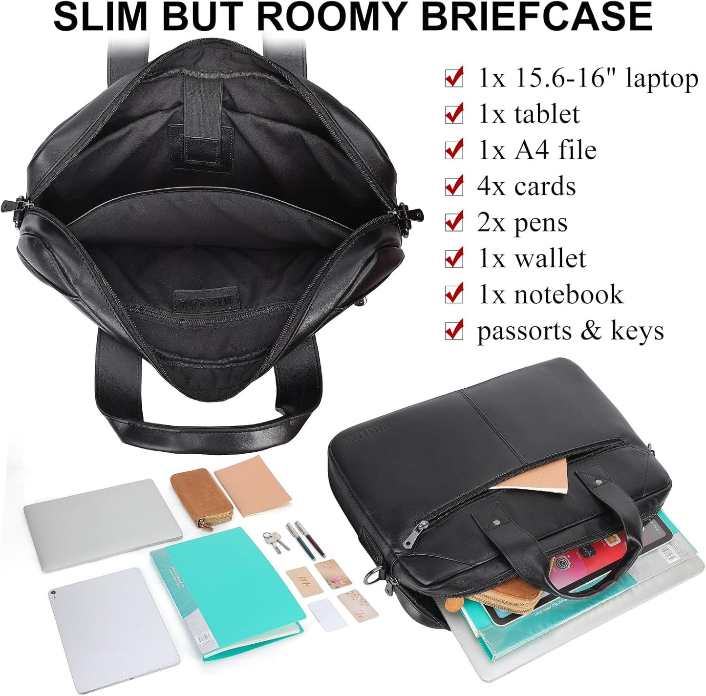 Masa Kawa Mens Leather Slim Briefcase for 16" Laptop Black Waterproof Crossbody Shoulder Messenger Computer Bag for Business Travel Office Work