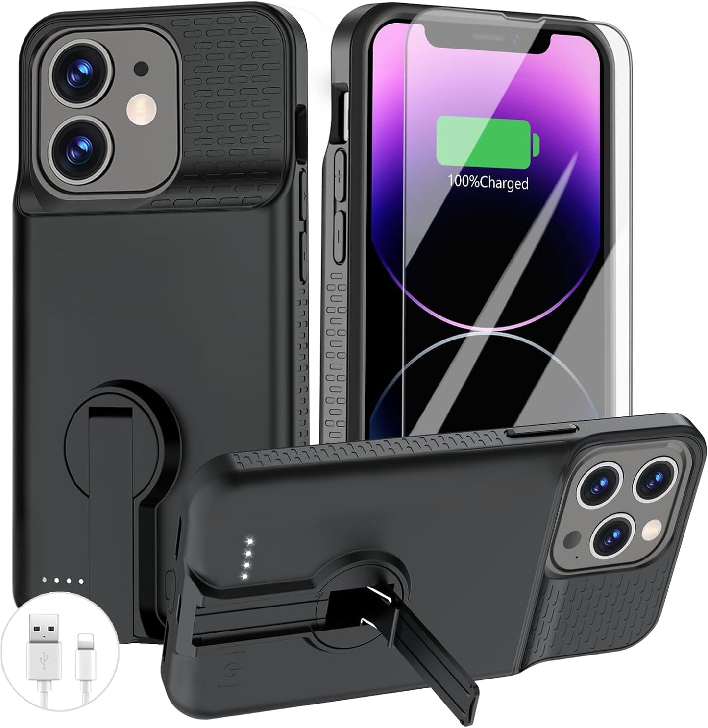 Battery Case for iPhone 14 Pro Max/14 Plus/13 Pro Max/12 Pro Max, Charging Case With Stand 8000mAh Portable Extended Case Cover for iPhone 14 Pro Max, 14Plus, 13/12Pro Max Charging Case (6.7”) Black