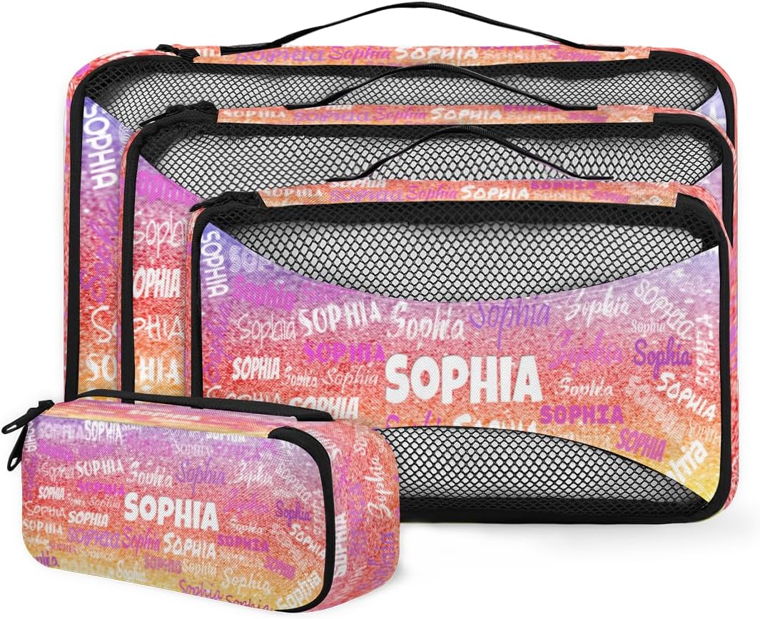 Personalized Packing Cubes, Set of 4 with Zipper Handles, Custom Name Travel Suitcases Luggage Packing Organizers, Purple Red Yellow Glittering