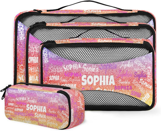 Personalized Packing Cubes, Set of 4 with Zipper Handles, Custom Name Travel Suitcases Luggage Packing Organizers, Purple Red Yellow Glittering