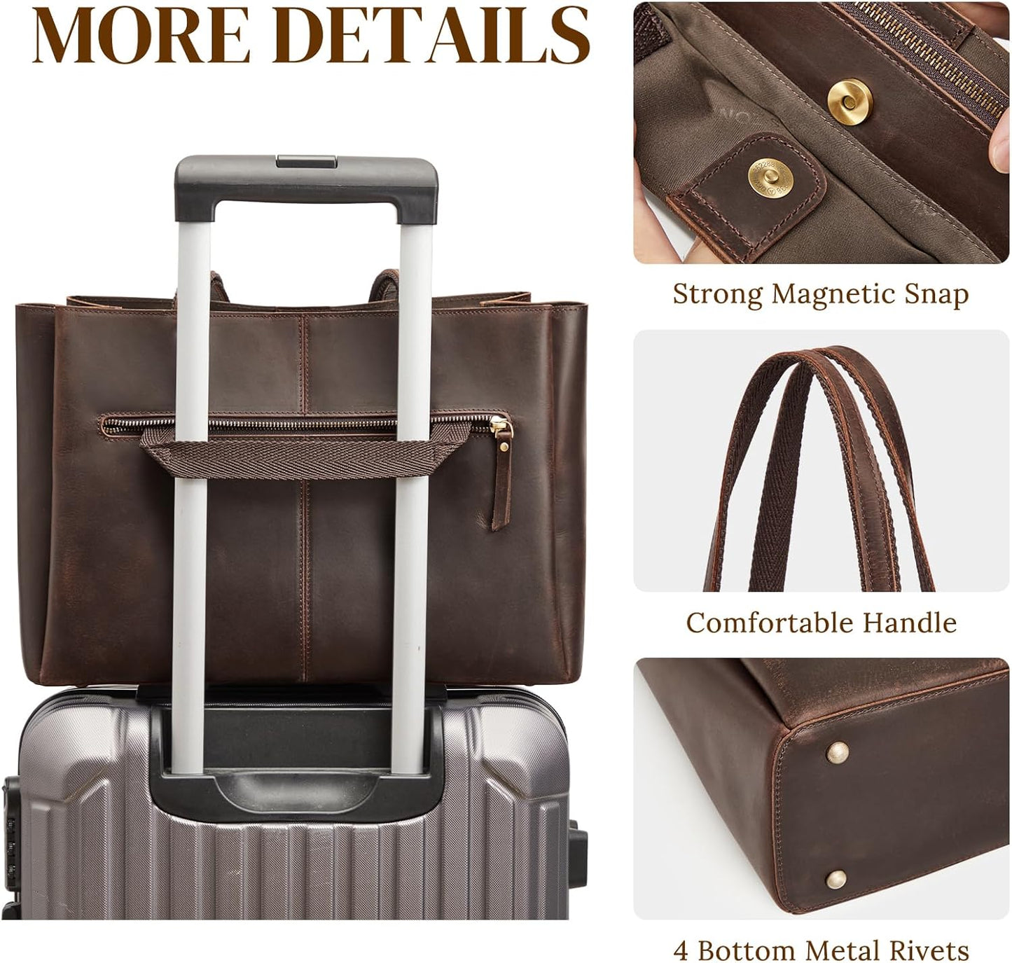 S-ZONE Genuine Leather Tote Bag for Women Work Large Shoulder Handbag with Zipper Compartment for Travel Professional
