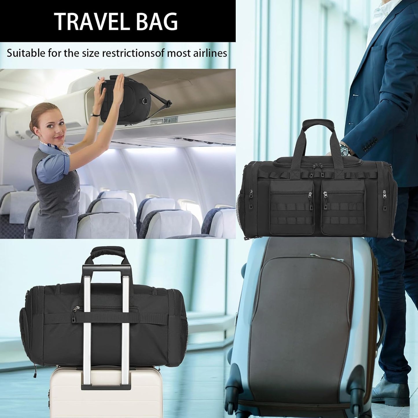 Tactical Gym Bag for Men,Carry On Duffel Bag with Shoe Compartment Gym Duffle bags for Travel Military Duffle Bags with Molle System for Weekend Overnight bag Women Black
