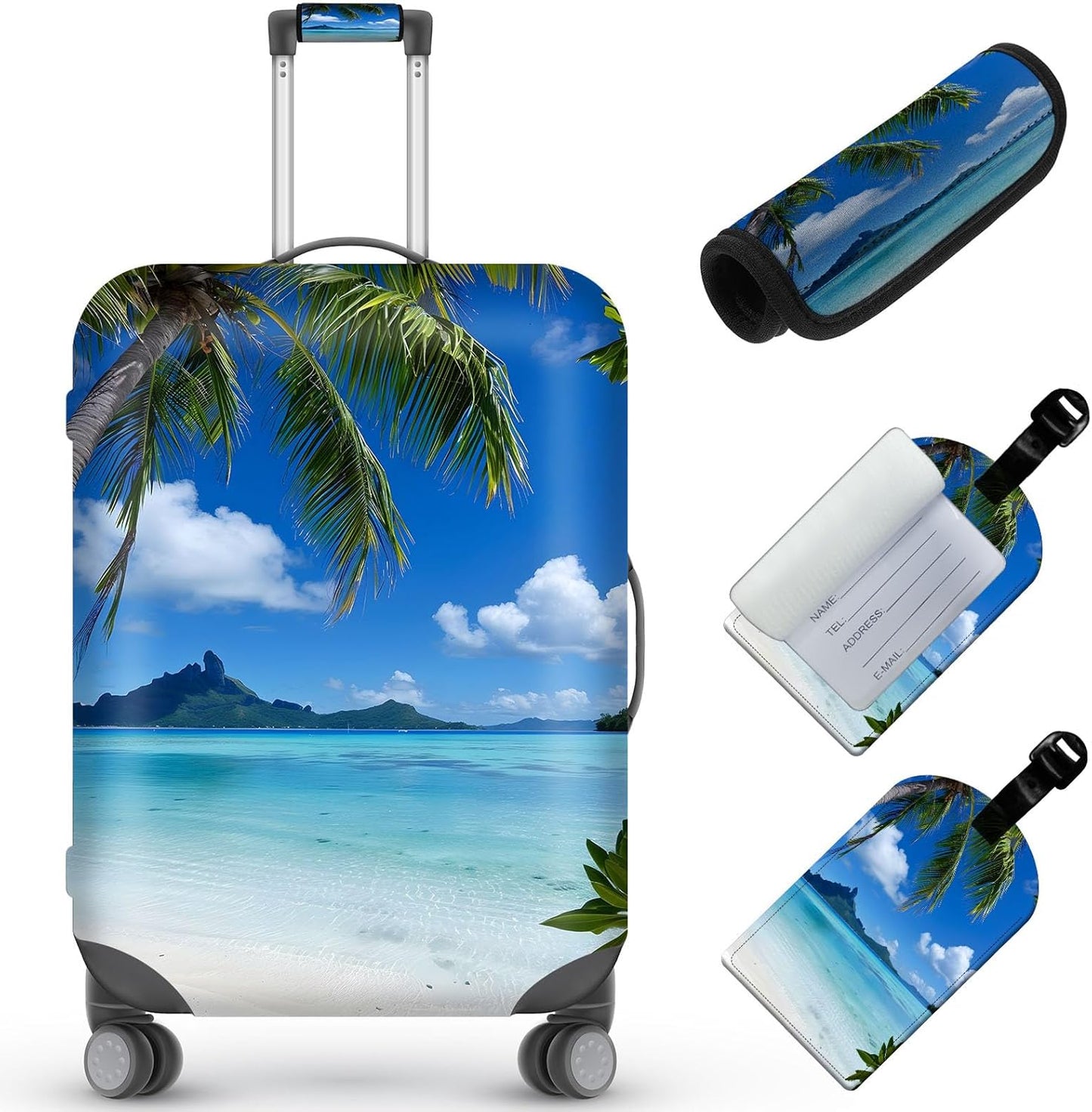 Travel Luggage Cover,Beautiful Beach Theme Suitcase Cover Accessory Kit, Luggage Tag, and Comfortable Luggage Handle Wrap, Washable Zipper Close Luggage Suitcase Protector (18-20 inch,S)